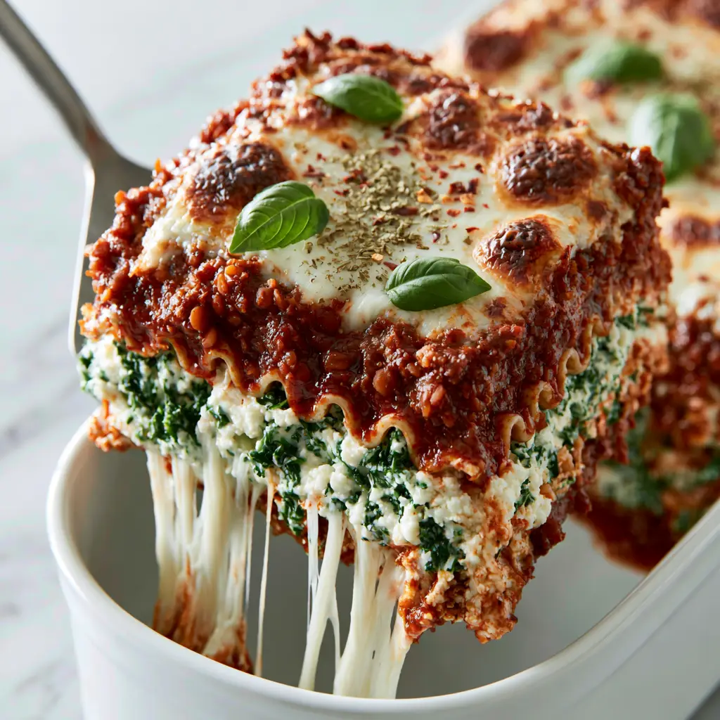 High-angle shot showing the distinct layers of wavy noodles, spinach ricotta, and chunky red lentil sauce.