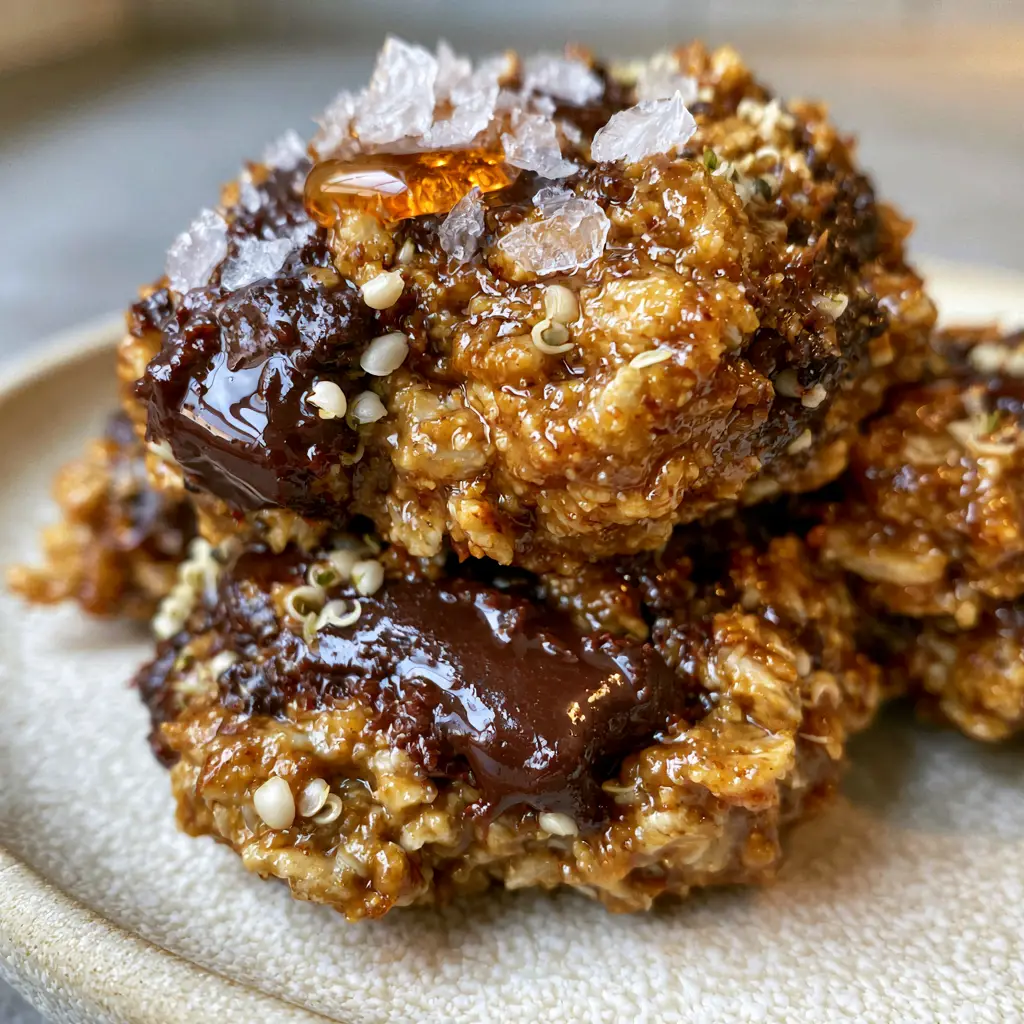 Side view of energy bites on a matte stoneware plate with amber honey drizzle and jagged sea salt.