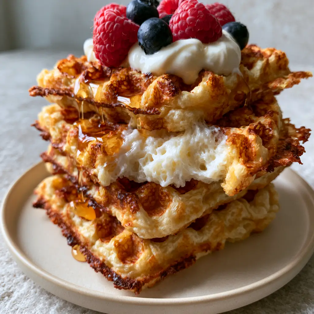 A handheld smartphone photo of Greek yogurt waffles with honey glistening on the honeycomb grids in natural morning light.