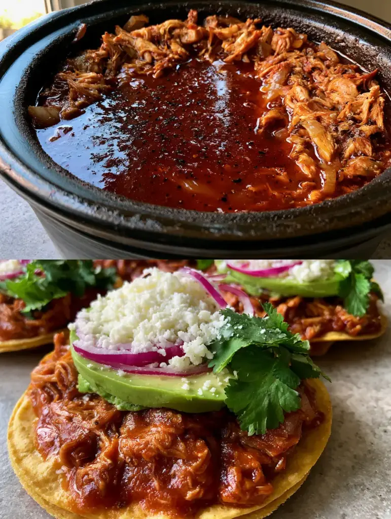 Close up view of shredded chicken breast in a glossy red chipotle adobo sauce with flecks of black pepper.