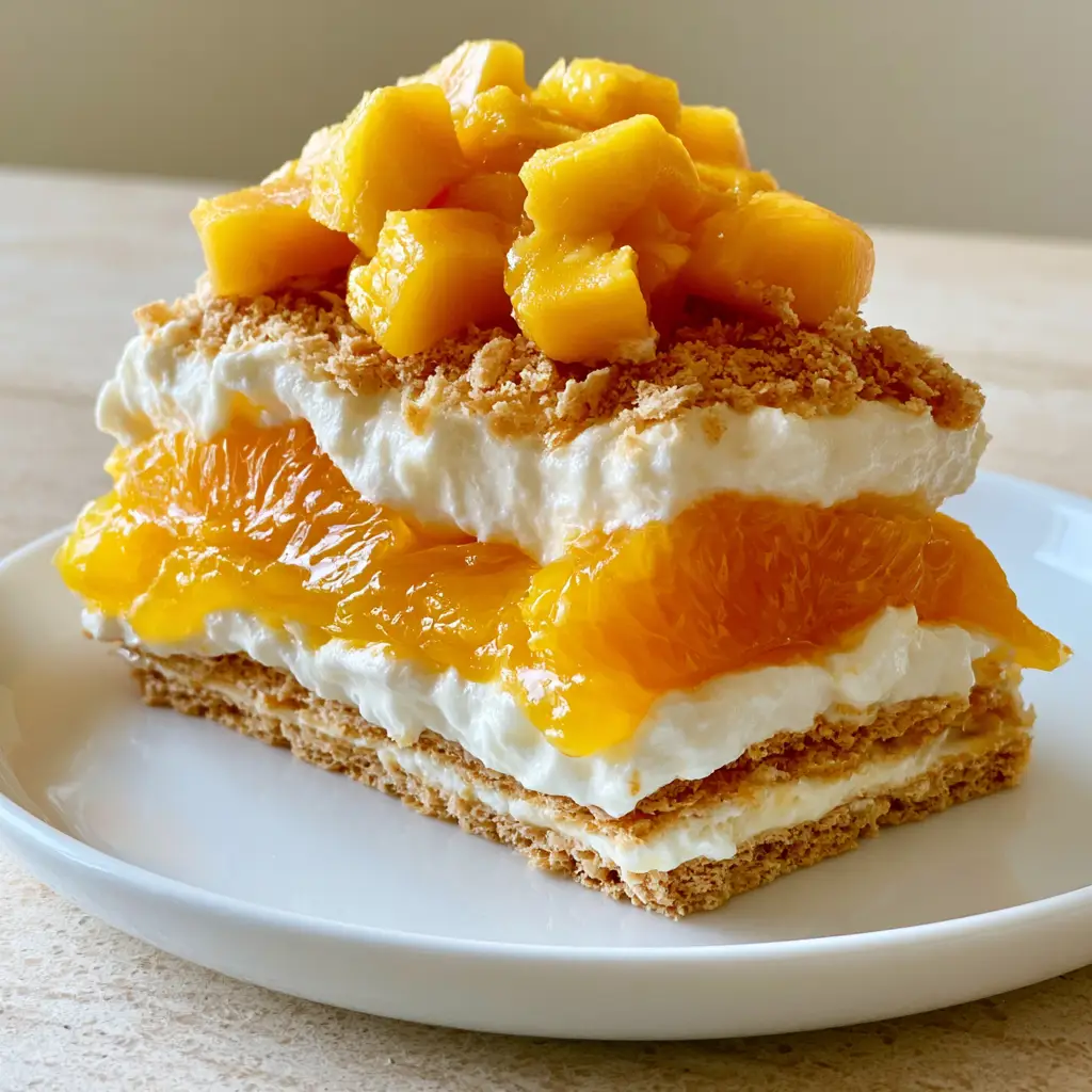 A handheld smartphone photo of a Mango Cake slice garnished with cubed mangoes and graham cracker crumbs.