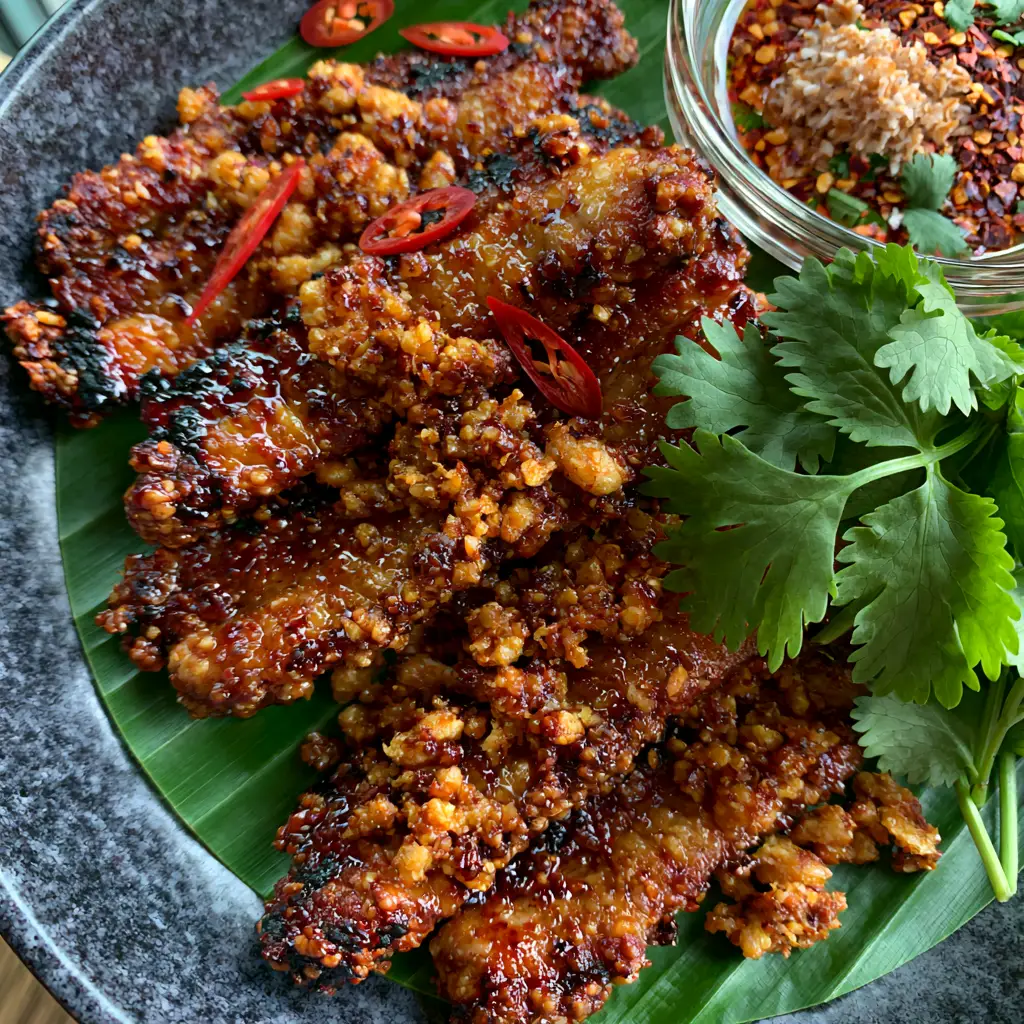 Thai Fried Pork served on a banana leaf with a side of Nam Jim Jaew dipping sauce and sliced red chilies.