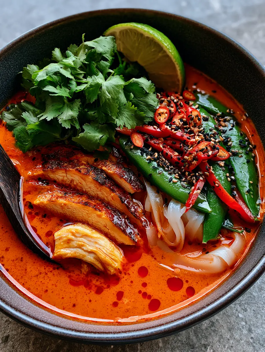 A handheld smartphone photo of Thai red curry noodle soup in a deep matte-charcoal ceramic bowl with glistening chili oil.