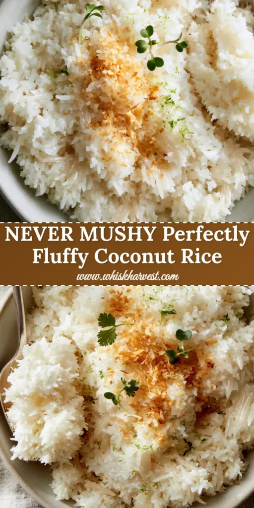 A silver spoon lifting a fluffy heap of glistening Coconut Rice recipe topped with golden coconut flakes and lime zest in a matte white bowl.