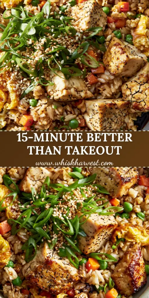 A vibrant top-down view of chicken fried rice with seared golden chicken breast, green scallions, and orange carrots in a ceramic bowl. (chicken fried rice)