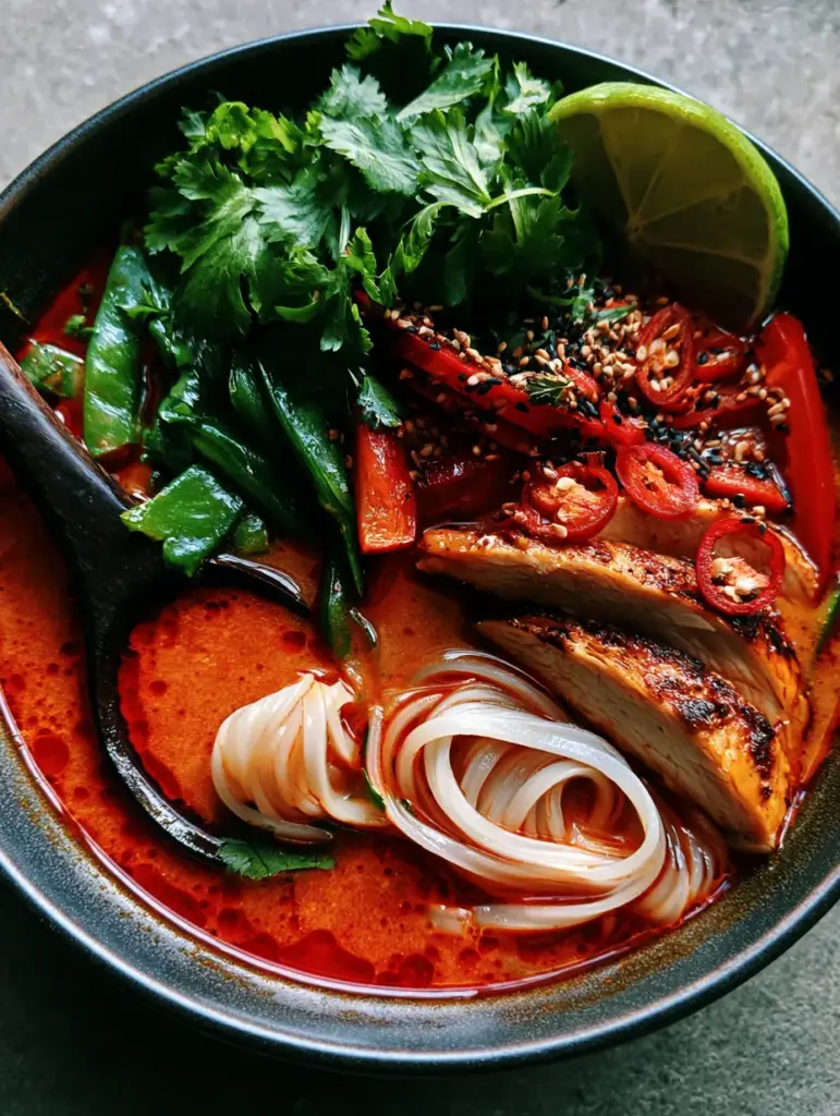 A close up of seared chicken breast with golden edges submerged in a red curry broth with cilantro and lime.