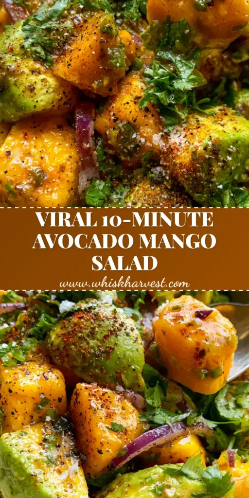 Avocado Mango Salad with Honey Lime Vinaigrette 4 A vibrant bowl of avocado mango salad with large cubes of fruit and a glossy lime dressing. (avocado mango salad)