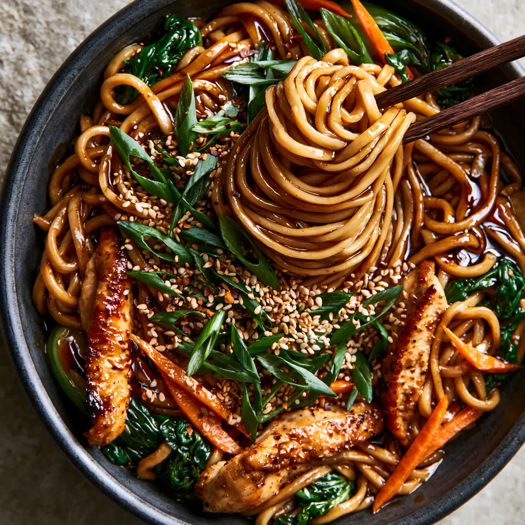 Asian Dinner Recipes: The Ultimate Glossy Soy-Ginger Chicken Lo Mein 1 Macro view of seared chicken strips and wilted bok choy over glossy wheat noodles.