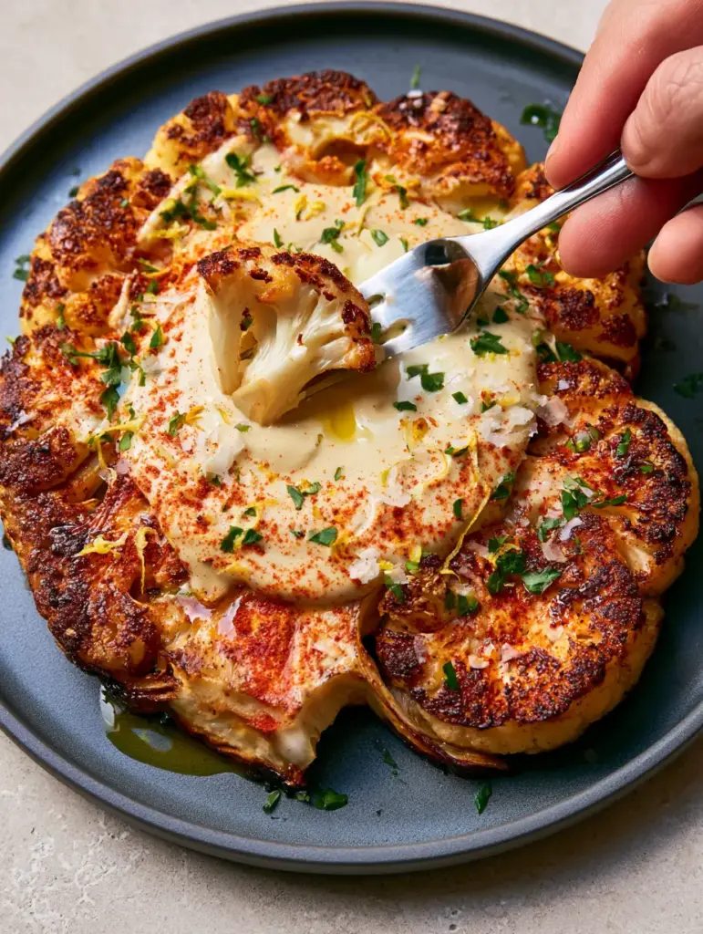 Cauliflower Steak with Lemon-Tahini Drizzle and Smoked Paprika 1 A silver fork lifting a juicy piece of seared cauliflower steak revealing a tender interior. (Cauliflower steak)