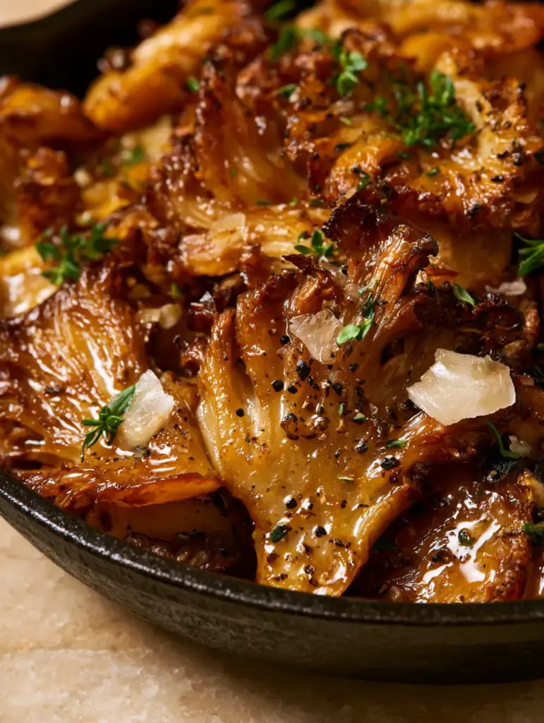 Close-up of maitake mushrooms in a cast iron pan showing jagged salt flakes and fresh thyme. (maitake mushroom recipes)
