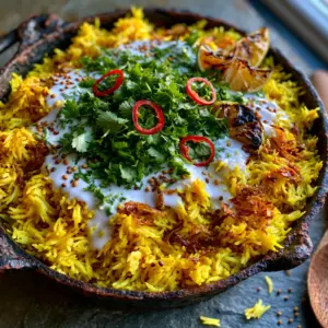 Handheld smartphone photo of vibrant golden-yellow turmeric jasmine rice with coconut milk drizzle and fresh toppings. (Coconut Curry Rice)