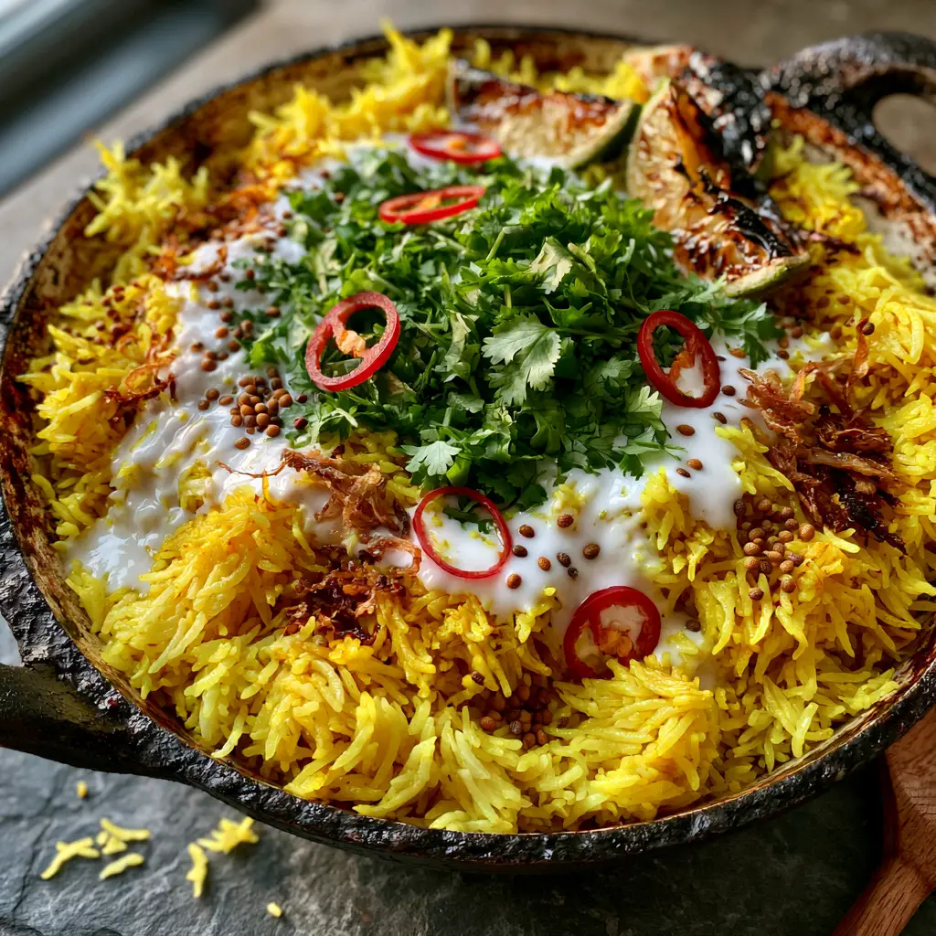 Close-up of individual fluffy turmeric rice grains topped with red Thai chili rings and crispy shallots in a rustic black pot.