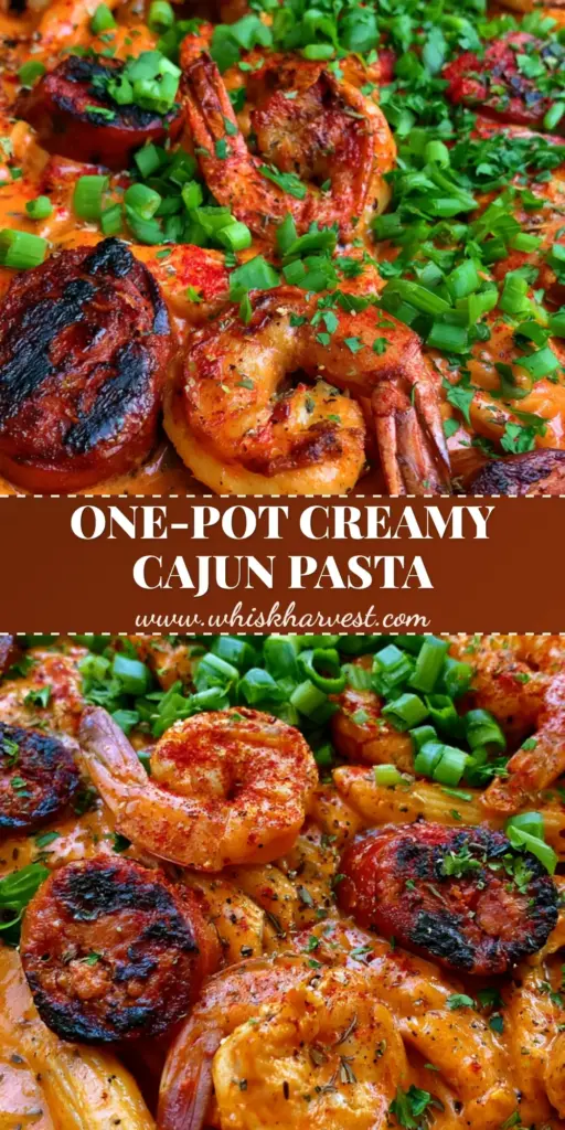 Cajun Jambalaya Pasta: The Ultimate Creamy One-Pan Masterpiece 3 A rustic black cast iron skillet filled with Creamy Cajun Jambalaya Pasta, topped with charred andouille, seared shrimp, and green scallions.
