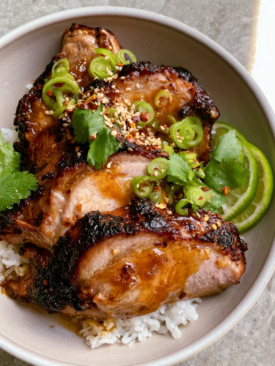 Ginger Lime Pork with Sticky Amber Glaze and Crispy Charred Edges 3 Top-down view of thick-cut seared pork tenderloin with a sticky amber ginger-lime glaze and fresh cilantro. (Ginger Lime Pork)