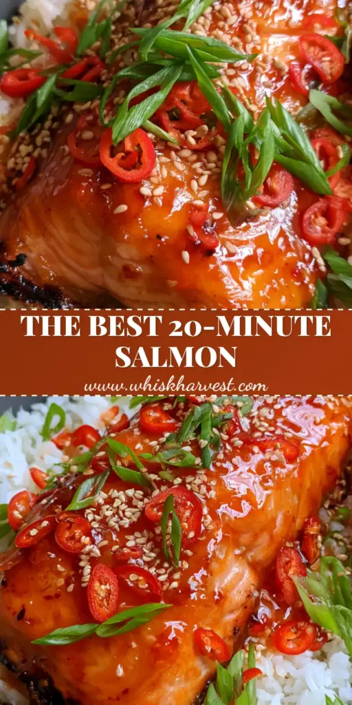 Baked Sweet Chili Salmon: The Ultimate 20-Minute Sticky Glazed Bowl 4 A premium grain bowl with a thick, glossy Baked Sweet Chili Salmon fillet over steaming jasmine rice, garnished with red chilies and scallions.
