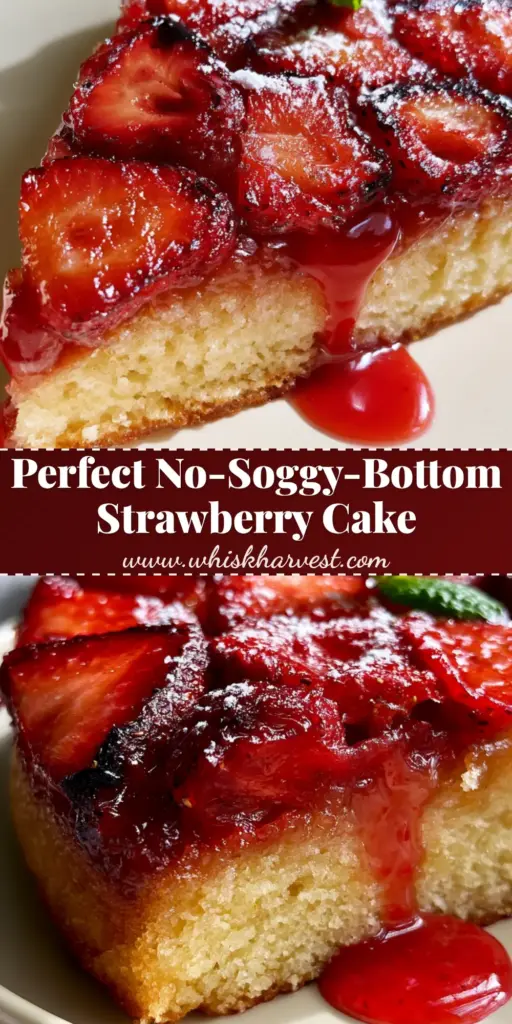 Strawberry Upside Down Cake with Caramelized Ruby Glaze 4 A close-up shot of a slice of strawberry upside down cake showing the thick syrup glaze and jammy fruit. (strawberry upside down cake)