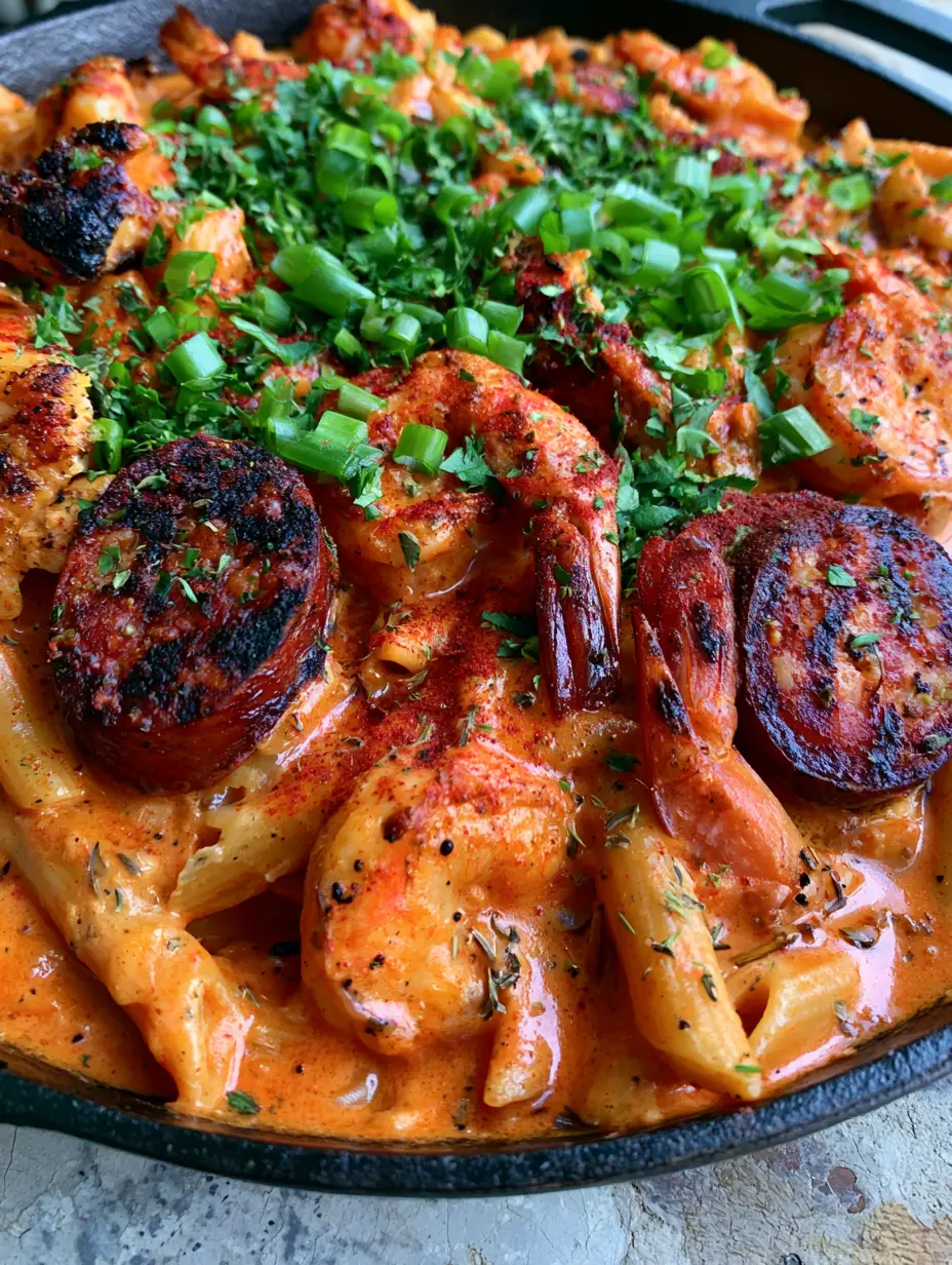 Cajun Jambalaya Pasta: The Ultimate Creamy One-Pan Masterpiece 4 Close-up of Cajun jambalaya pasta showing the texture of the orange cream sauce and charred sausage edges.