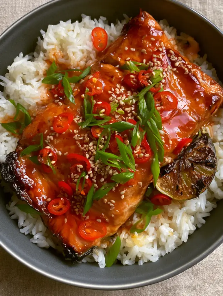 Baked Sweet Chili Salmon: The Ultimate 20-Minute Sticky Glazed Bowl 2 Top-down view of Baked Sweet Chili Salmon with charred edges, toasted sesame seeds, and fresh green scallions in a matte ceramic bowl.