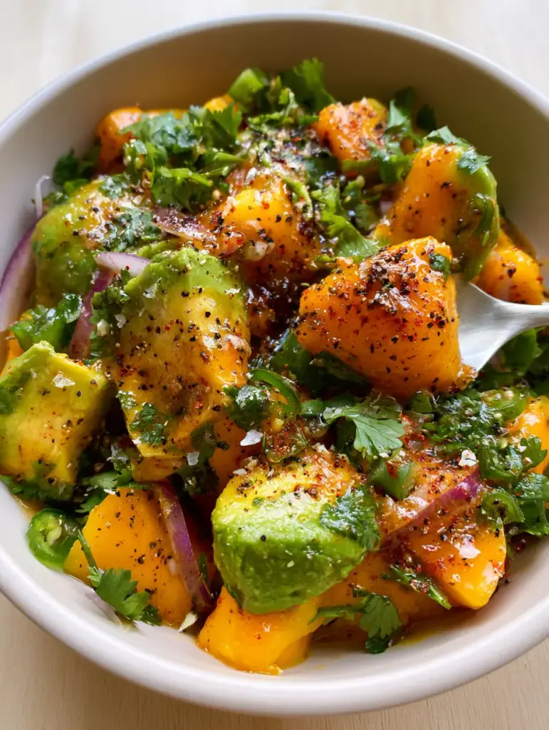 A handheld smartphone photo of avocado mango salad in a matte white bowl showing buttery avocado and bright mango. (avocado mango salad)