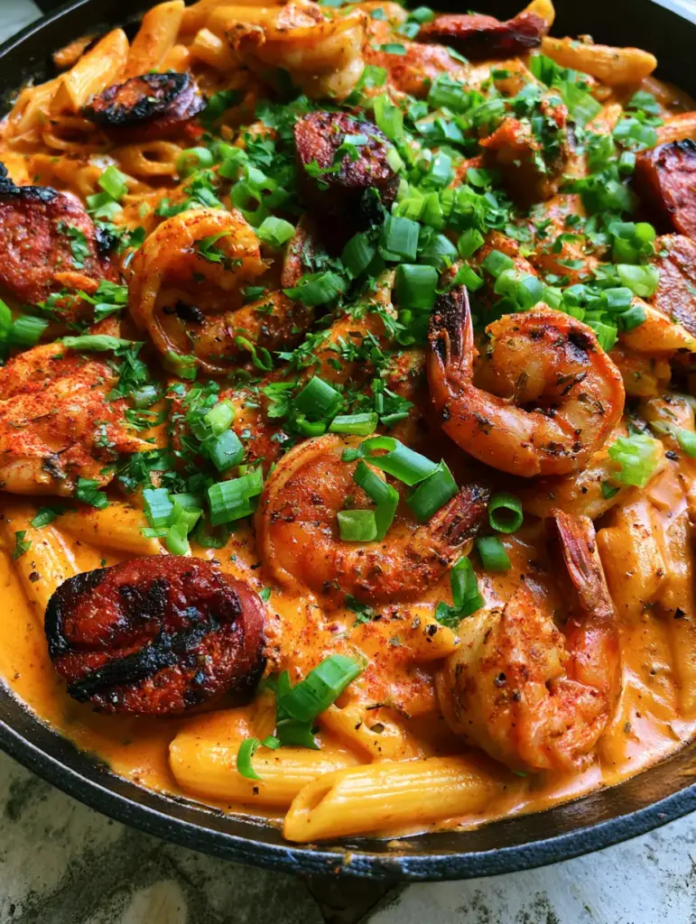 Cajun Jambalaya Pasta: The Ultimate Creamy One-Pan Masterpiece 1 Top-down view of penne pasta smothered in Cajun cream sauce with blackened chicken and fresh parsley.