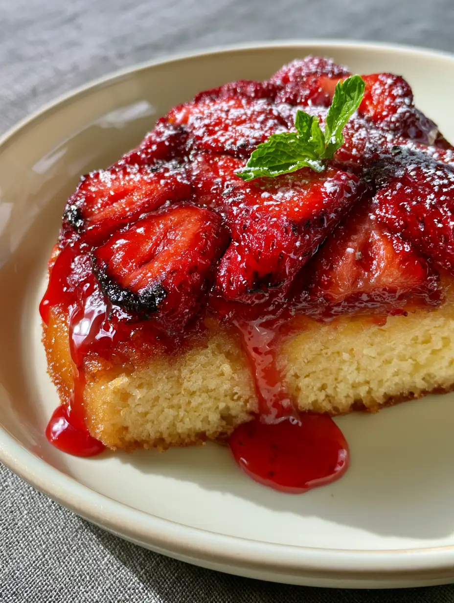 Strawberry Upside Down Cake with Caramelized Ruby Glaze 3 Handheld smartphone photo of a sliced strawberry upside down cake on a ceramic plate with mint garnish. (strawberry upside down cake)