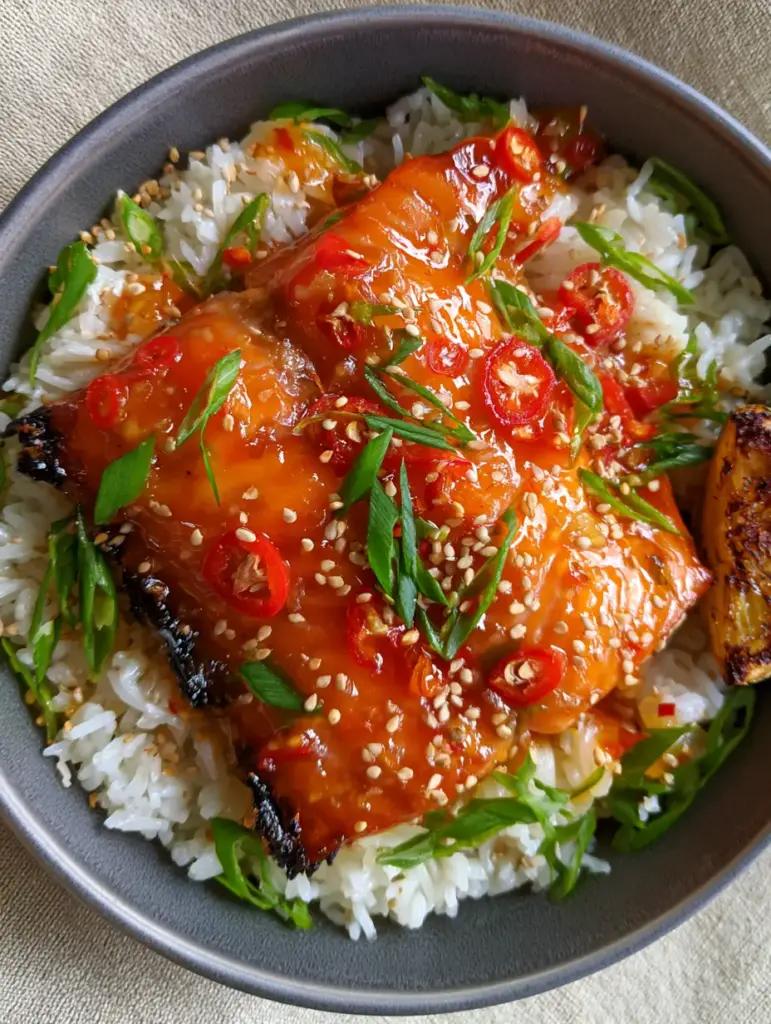 Baked Sweet Chili Salmon: The Ultimate 20-Minute Sticky Glazed Bowl 1 Close-up of the flaky texture of Baked Sweet Chili Salmon showing the vibrant deep-orange translucent glaze.