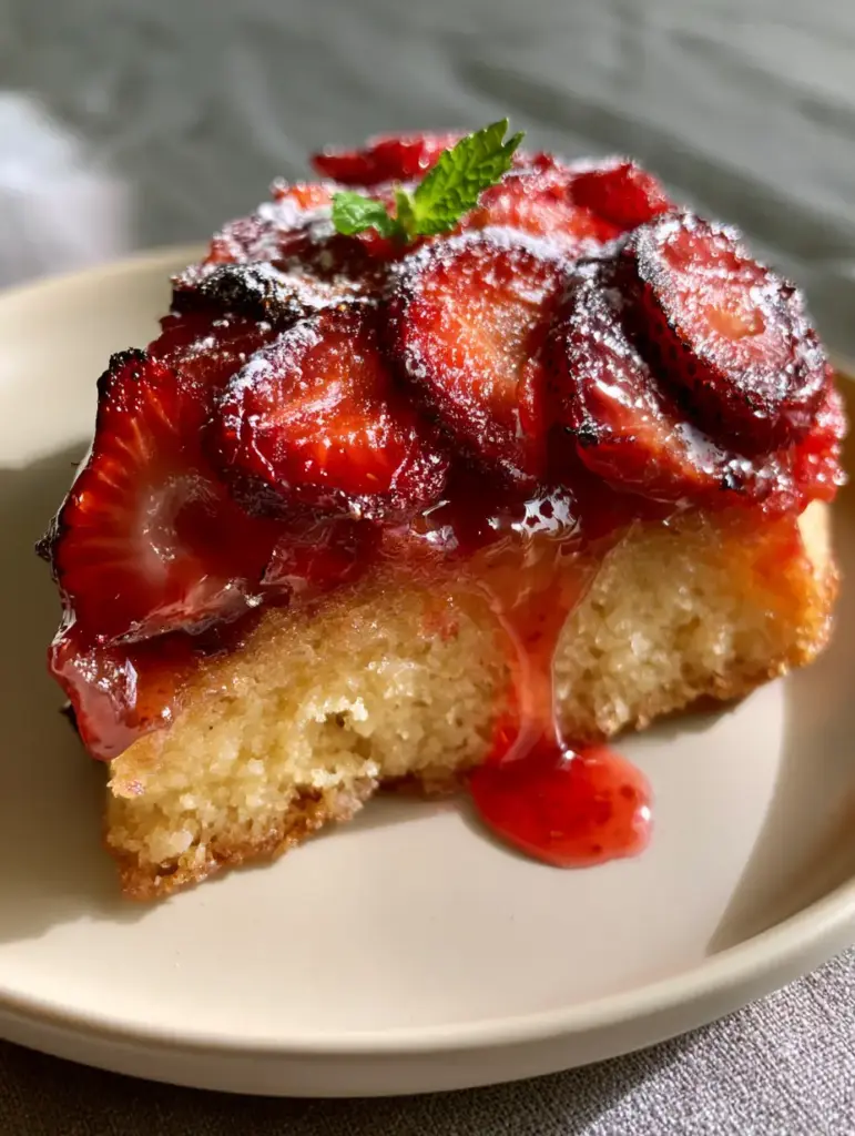 Strawberry Upside Down Cake with Caramelized Ruby Glaze 1 Close up of the charred jammy edges of caramelized strawberries on a fluffy vanilla sponge cake. (strawberry upside down cake)