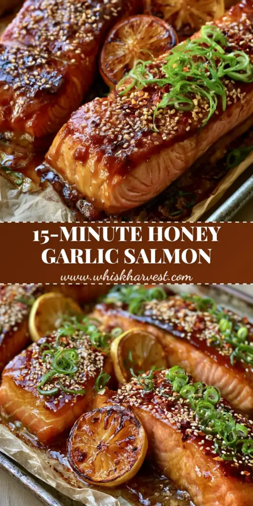 Baked Salmon with Sticky Honey Garlic Glaze and Caramelized Lemons 4 A top-down view of three thick honey garlic baked salmon fillets on parchment paper with charred lemons and green onions. (Baked Salmon)