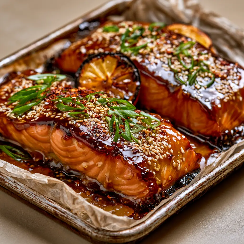 Baked Salmon with Sticky Honey Garlic Glaze and Caramelized Lemons 2 Extreme close-up of flaky Atlantic Baked Salmon with bubbling amber glaze, sesame seeds, and scallions. (Baked Salmon)