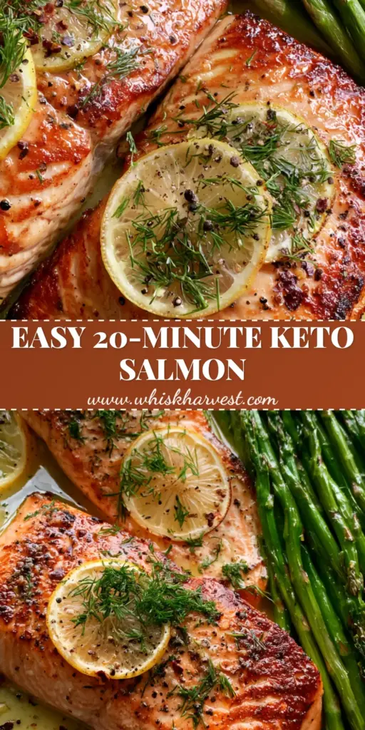 Baked Salmon and Asparagus with Garlic Butter and Lemon 3 A top-down shot of baked salmon and asparagus on a dark sheet pan with lemon slices and fresh dill garnish.