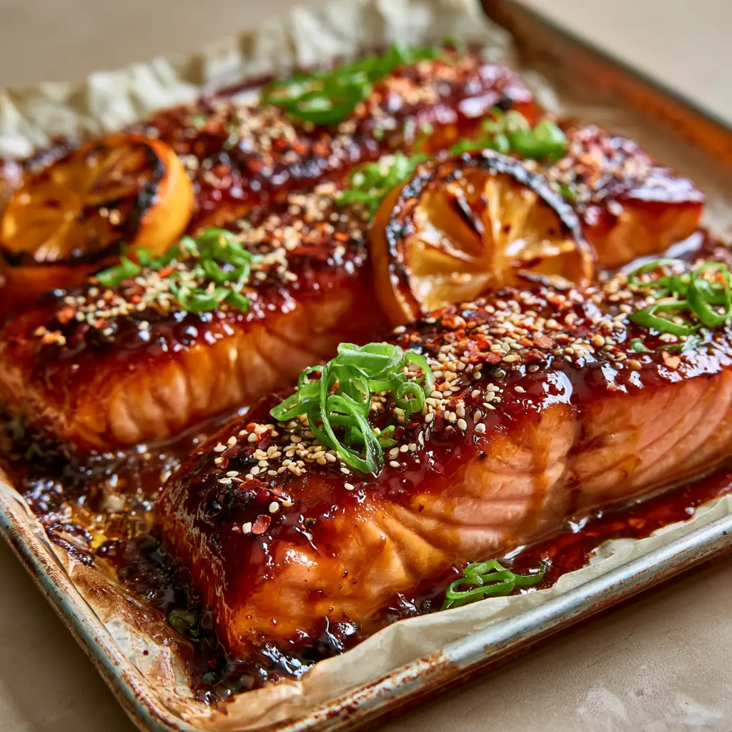 Baked Salmon with Sticky Honey Garlic Glaze and Caramelized Lemons 1 Close-up shot of caramelized lemon halves tucked between glazed salmon fillets on a rustic pan. (Baked Salmon)