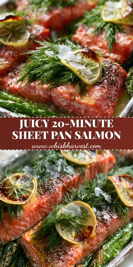 Baked Salmon with Lemon and Dill: The Ultimate Flaky Sheet Pan Dinner 4 A rustic silver baking sheet featuring three thick Atlantic salmon fillets with melted butter glaze, topped with fresh dill and charred lemon wheels, surrounded by roasted asparagus. (baked salmon with lemon and dill)