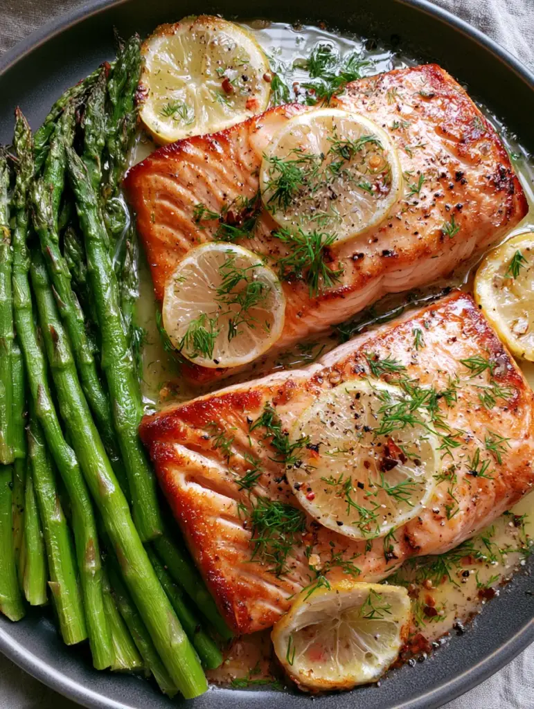 Baked Salmon and Asparagus with Garlic Butter and Lemon 2 Close-up of seared Atlantic salmon fillets with flaky layers and glossy garlic butter glaze. (baked salmon and asparagus)