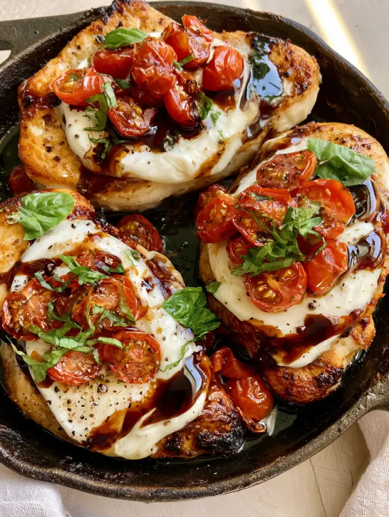 Balsamic Chicken with Melted Mozzarella and Blistered Tomatoes 2 Close-up of seared balsamic chicken breasts with mahogany glaze and torn basil.
