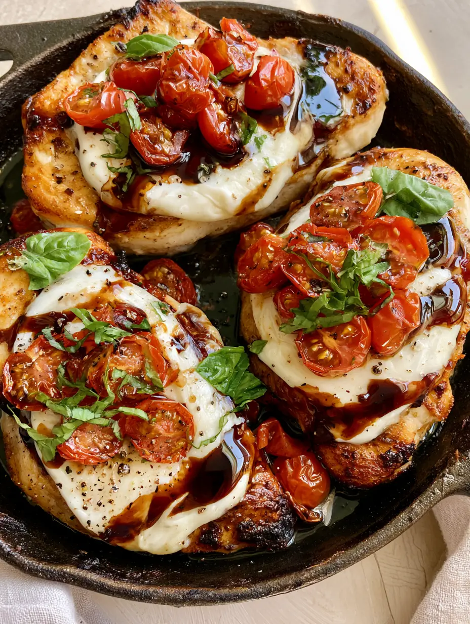 Balsamic Chicken with Melted Mozzarella and Blistered Tomatoes 3 Close-up of seared balsamic chicken breasts with mahogany glaze and torn basil.