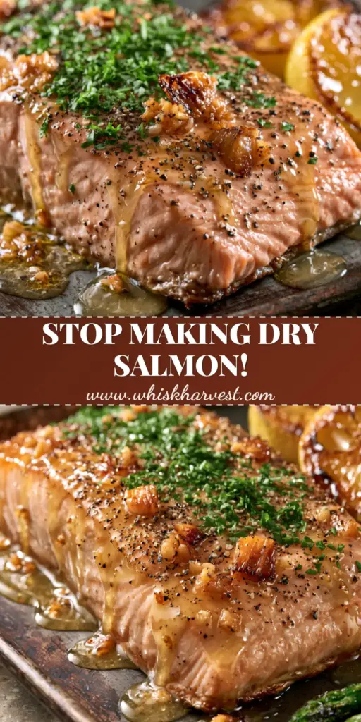 Garlic butter baked salmon with Blistered Asparagus and Charred Lemon 4 A center-cut Garlic butter baked salmon fillet on a rustic dark pan with charred lemons and blistered asparagus.