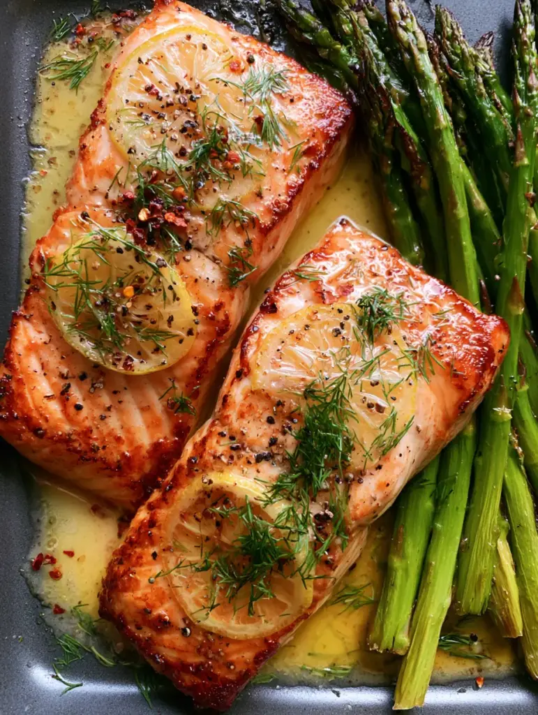 Baked Salmon and Asparagus with Garlic Butter and Lemon 1 Top-down view of charred asparagus tips beside succulent salmon with red chili flakes. (baked salmon and asparagus)