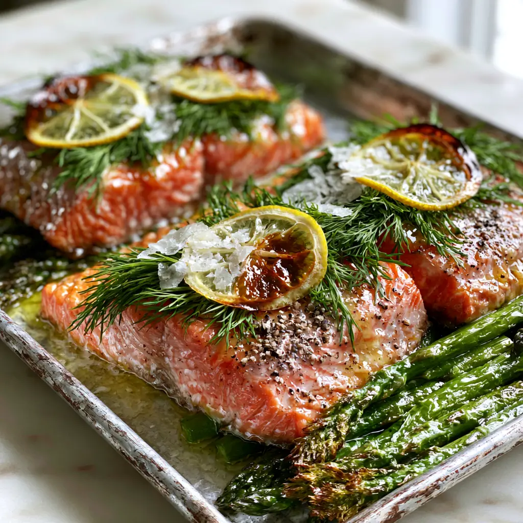 Baked Salmon with Lemon and Dill: The Ultimate Flaky Sheet Pan Dinner 2 A 45-degree angle shot of three glistening Atlantic salmon fillets on a silver tray with fresh dill and charred lemons. (baked salmon with lemon and dill)
