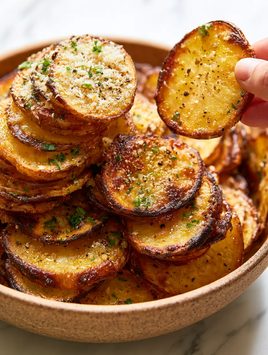 Crispy Sliced Potatoes with Garlic Butter and Fluffy Parmesan 4 Extreme macro shot showing the brittle, jagged caramelized edges of crispy sliced potatoes. (crispy sliced potatoes)