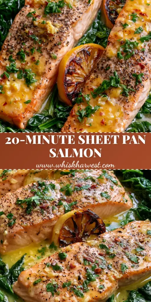 A close-up of three thick Atlantic salmon fillets with garlic butter glaze and wilted spinach on a dark baking sheet. (Baked Salmon with Spinach)