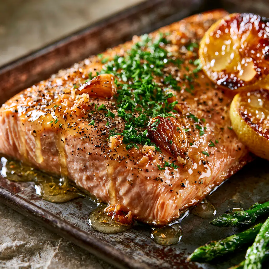 Garlic butter baked salmon with Blistered Asparagus and Charred Lemon 2 Macro close-up of Garlic butter baked salmon showing glistening golden glaze and browned garlic bits.