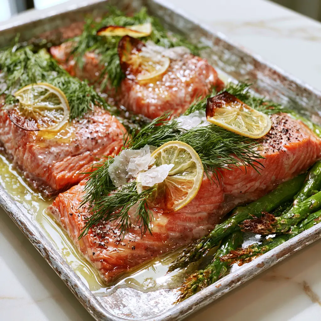 Baked Salmon with Lemon and Dill: The Ultimate Flaky Sheet Pan Dinner 1 Close-up of paper-thin charred lemon wheels and fresh dill on top of a buttery baked salmon fillet.