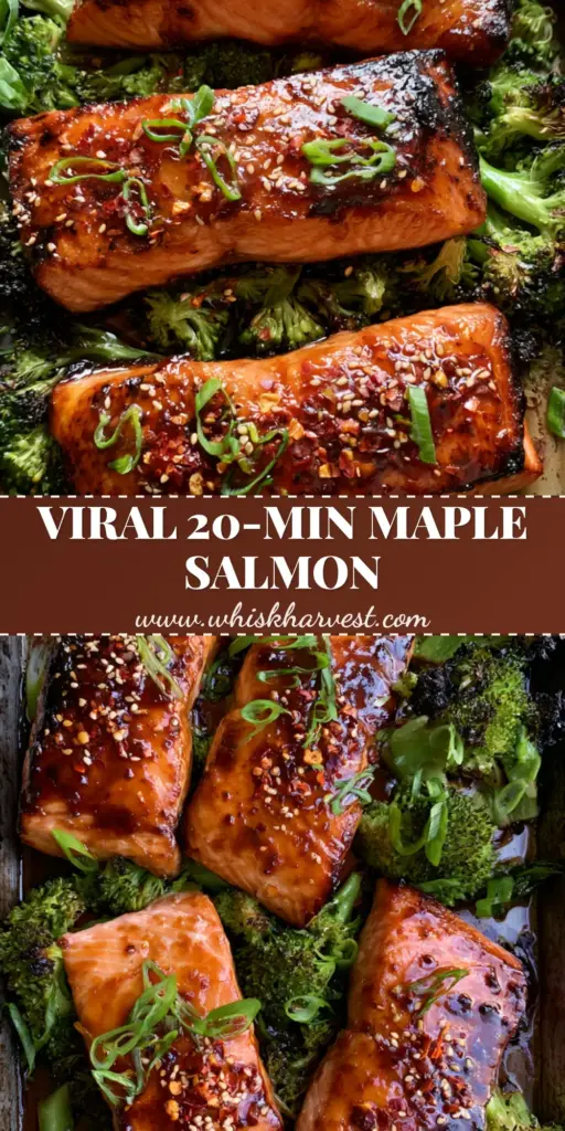 Maple Glazed Baked Salmon: The Ultimate 20-Minute Sheet Pan Dinner 3 A high-angle photo of a dark metal sheet pan featuring three Maple Glazed Baked Salmon fillets with charred broccoli, sesame seeds, and green onions on a grey stone surface.