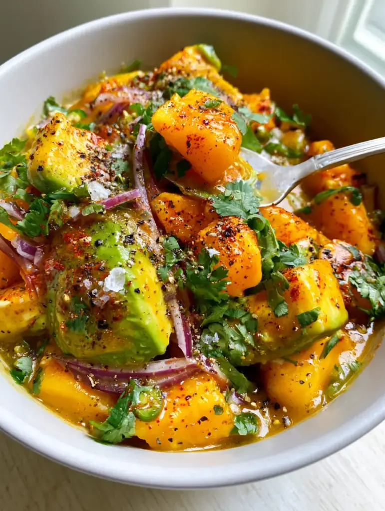 Avocado Mango Salad with Honey Lime Vinaigrette 1 Close up of a spoon lifting a perfect bite of avocado mango salad with Tajin and lime zest. (avocado mango salad)