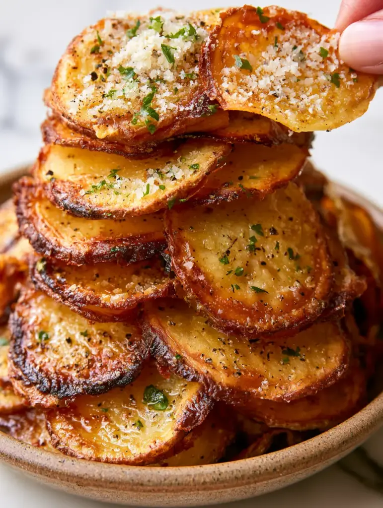 Crispy Sliced Potatoes with Garlic Butter and Fluffy Parmesan 1 A hand lifting a single rigid, thin slice from a stack of crispy sliced potatoes dusted with snow-like parmesan.