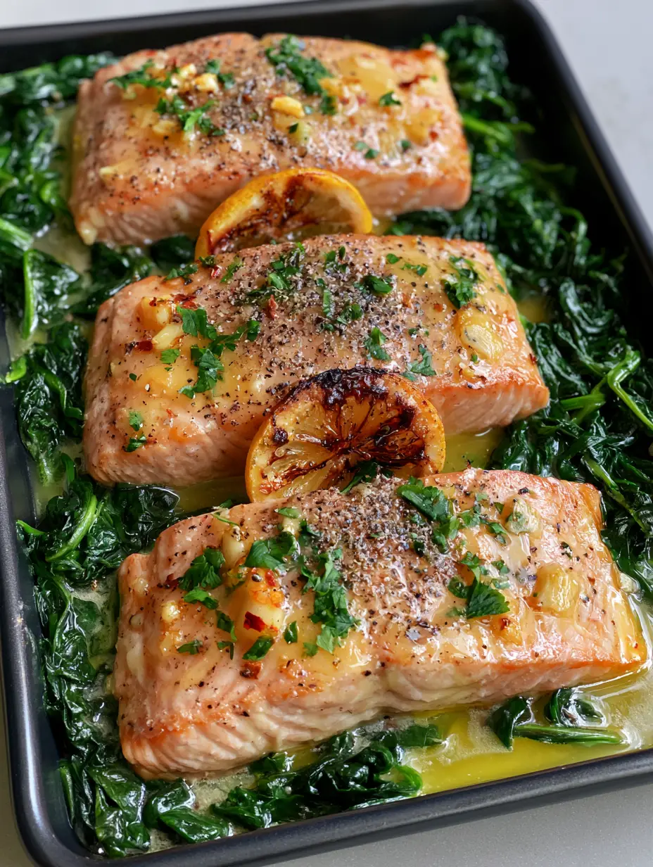 Top-down shot of roasted Atlantic salmon fillets with a glossy yellow garlic butter sauce and red chili flakes. (Baked Salmon with Spinach)