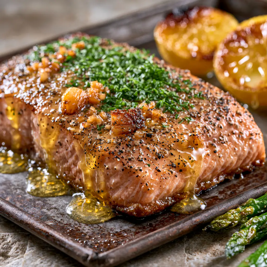 Garlic butter baked salmon with Blistered Asparagus and Charred Lemon 1 Detailed shot of flaky salmon texture with cracked black pepper and fresh parsley.