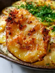 Macro view of a single potato butter crisp slice showing the toasted garlic bits and lacy parmesan cheese crust.