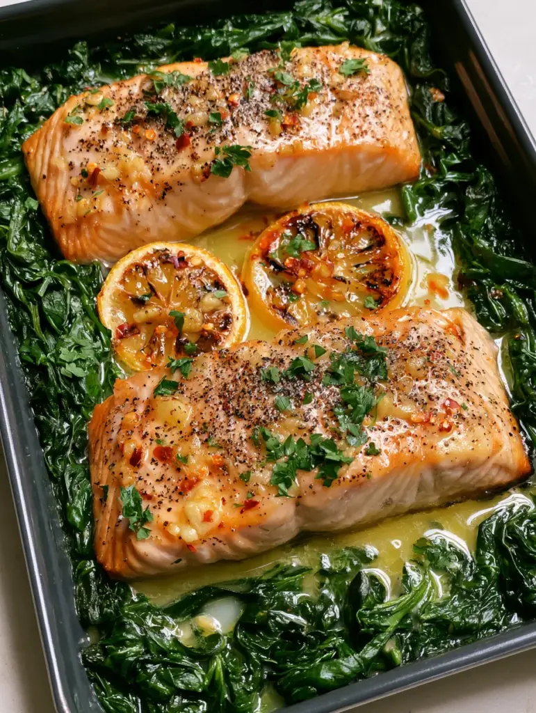 A dark rimmed baking sheet featuring salmon fillets, charred lemon wheels, and vibrant wilted spinach. (Baked Salmon with Spinach)