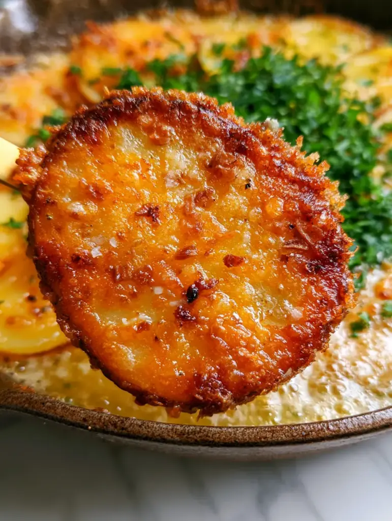 A rustic cast iron skillet filled with thinly sliced Yukon gold potatoes, bubbling butter, and fresh green parsley garnish.